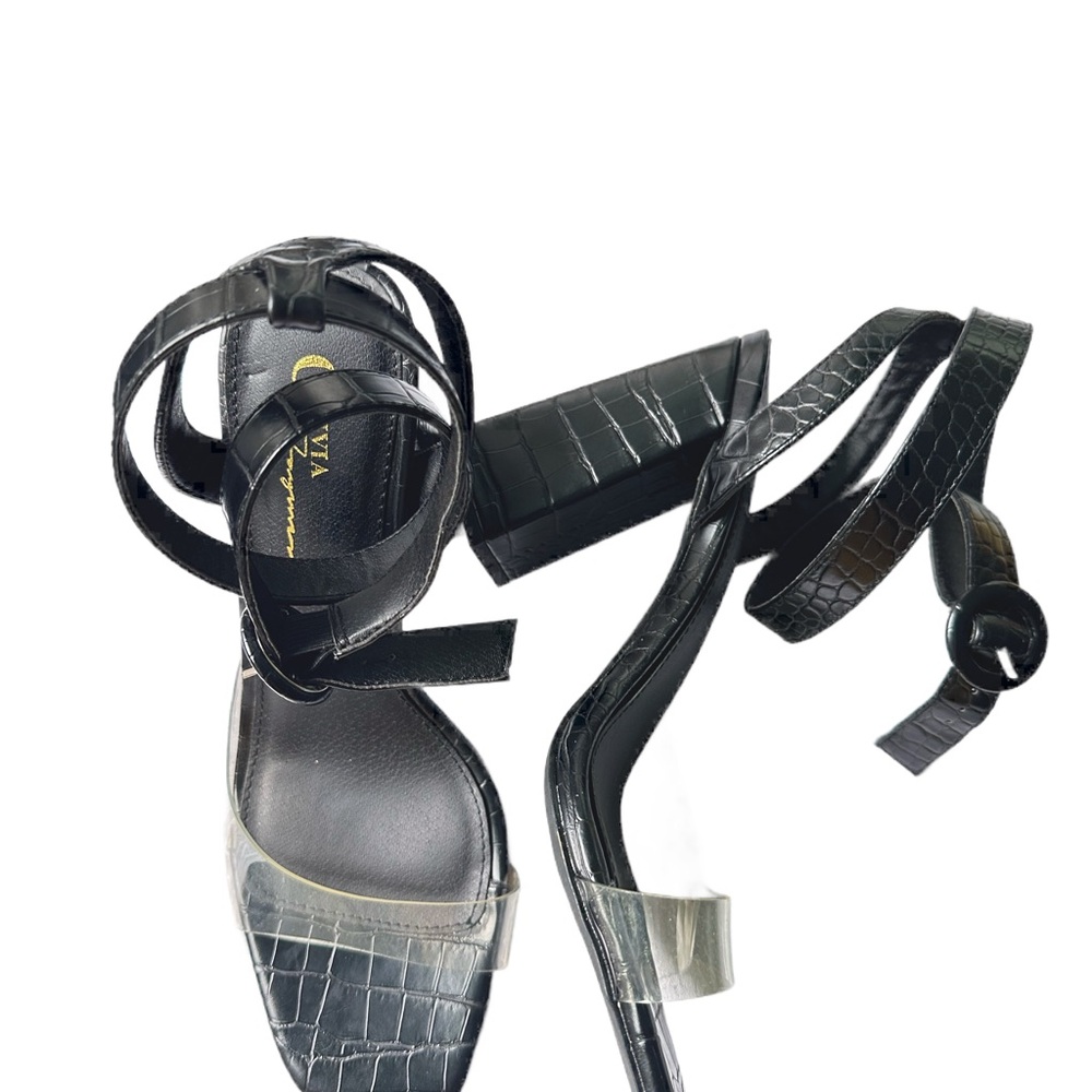 Olivia Ferguson Black Crocodile Block Heels with clear toe straps size 10 - Picture 8 of 10